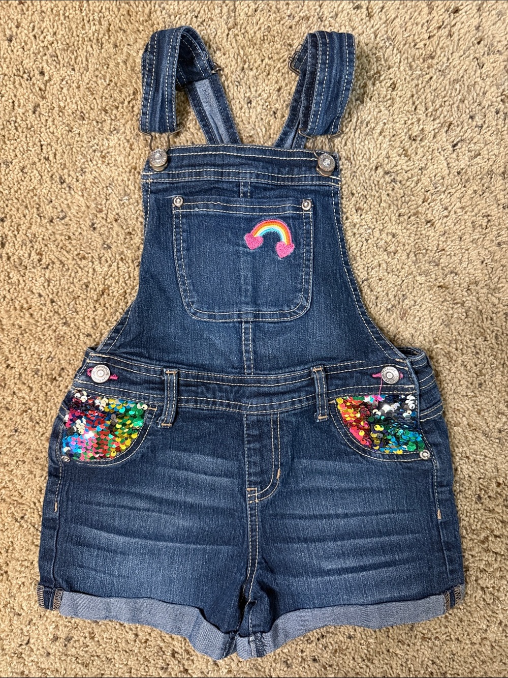 Jordache Dark Blue Denim Short Overalls with Rainbow & Sequin Pockets